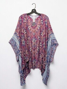 NEW J. Jill Plum Paisley Kimono Poncho Top Boho Resort One Size S-L
